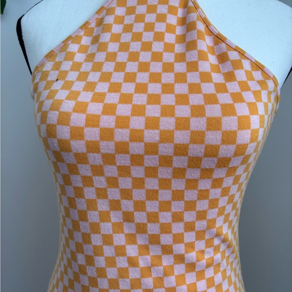 Bershka Orange and White Checkered Halter Mini Dress Size XS open back - Picture 3 of 8